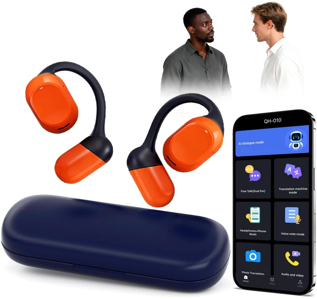 Main image of AI Translator Earbuds Real Time - 164 Languages Translation Headphones, Audio and Video Calls Wireless Bluetooth Interpreter Device for Business, Travel, Learning - Orange