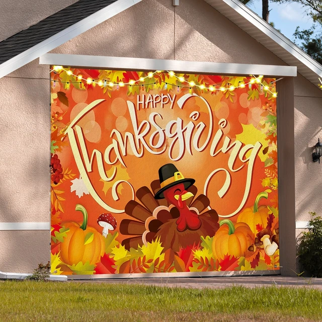 Alt view image 7 of 7 - 7 x 8 ft Thanksgiving Garage Door Cover Turkey Fall Banner Fall Backdrop for House Outdoor Decor, Large Party Sign with Pumpkin Maple Leaf, String Light Print, Autumn Harvest Scene