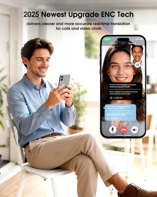 Alt view image 4 of 7 - AI Translator Earbuds Real Time - 164 Languages Translation Headphones, Audio and Video Calls Wireless Bluetooth Interpreter Device for Business, Travel, Learning - Orange