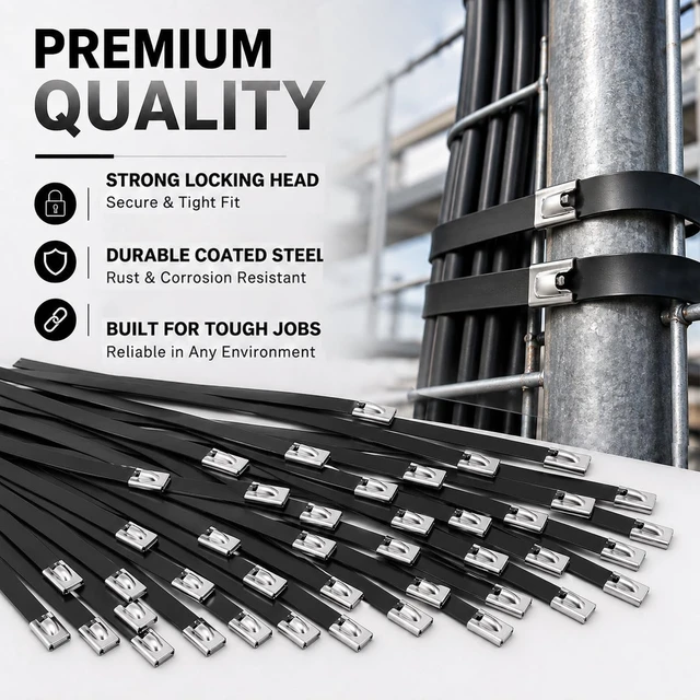 Alt view image 3 of 6 - Metal Zip Ties Black 300pcs Stainless Steel Zip Ties with Release Tool 300PCS (100×7.8/11.8/15.8") Cable Ties Metal Zip Ties Heavy Duty for Outdoor Use, Stainless Steel Epoxy Coated