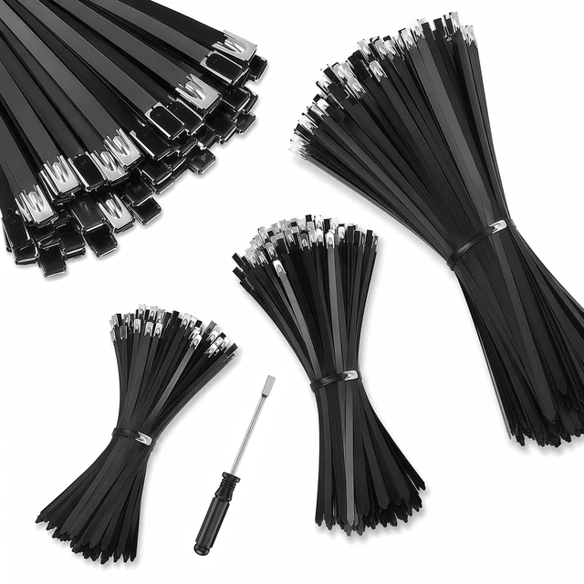 Main image of Metal Zip Ties Black 300pcs Stainless Steel Zip Ties with Release Tool 300PCS (100×7.8/11.8/15.8") Cable Ties Metal Zip Ties Heavy Duty for Outdoor Use, Stainless Steel Epoxy Coated