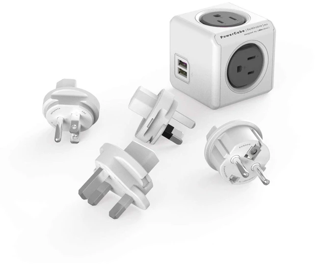 Main image of Global Travel Outlet Extender PowerCube Rewirable USB, 4 AC sockets 2 USBs, 4 Interchangeable Plugs (US/UK/EU/AU) Works in 100+ Countries Convertible for Home or Travel Grey
