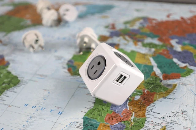Alt view image 3 of 7 - Global Travel Outlet Extender PowerCube Rewirable USB, 4 AC sockets 2 USBs, 4 Interchangeable Plugs (US/UK/EU/AU) Works in 100+ Countries Convertible for Home or Travel Grey
