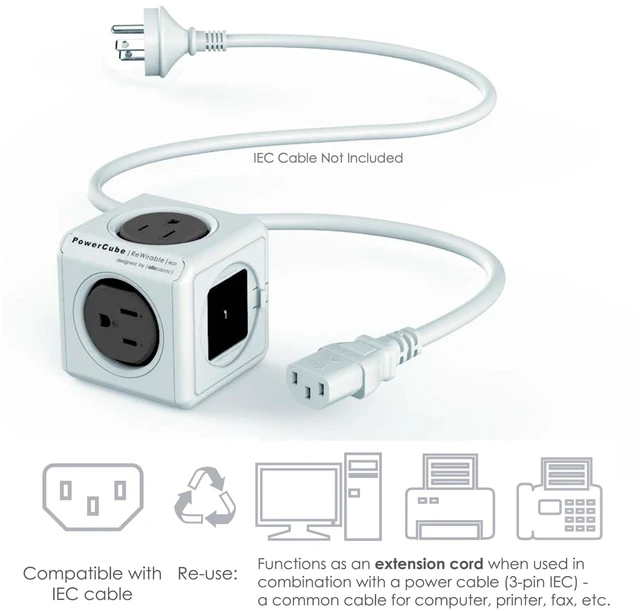 Alt view image 4 of 7 - Global Travel Outlet Extender PowerCube Rewirable USB, 4 AC sockets 2 USBs, 4 Interchangeable Plugs (US/UK/EU/AU) Works in 100+ Countries Convertible for Home or Travel Grey