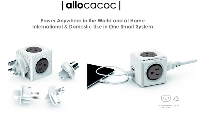 Alt view image 5 of 7 - Global Travel Outlet Extender PowerCube Rewirable USB, 4 AC sockets 2 USBs, 4 Interchangeable Plugs (US/UK/EU/AU) Works in 100+ Countries Convertible for Home or Travel Grey