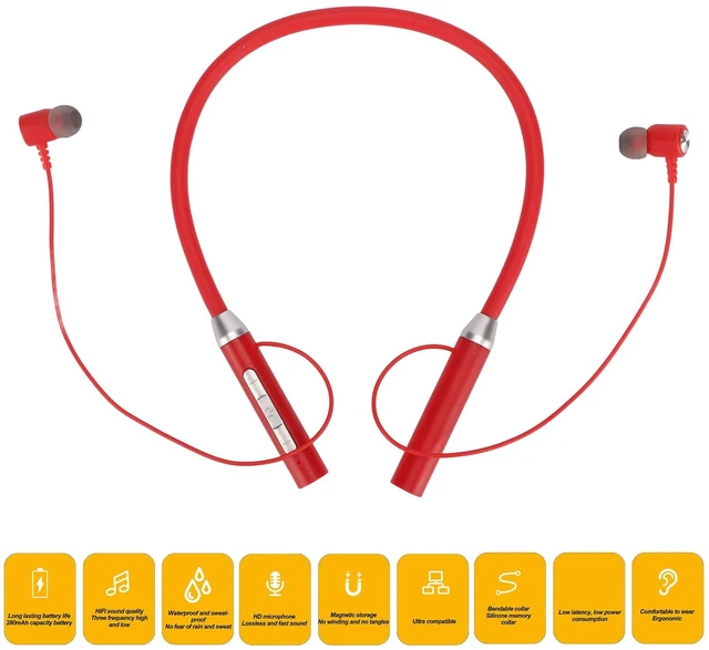 Alt view image 4 of 7 - Neckband Bluetooth Earbuds, Cordless Bluetooth 5.2 IPX5 Stereo Ergonomic Enhanced Bass Neckband Magnetic Headphones for Sports Running Workout (Red)