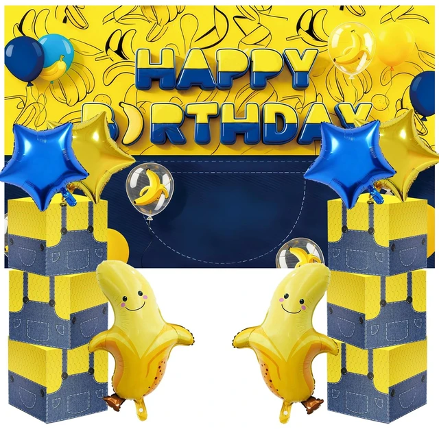 Main image of 17 Pcs Cartoon Yellow Birthday Decor with Backdrop Boxes, Banana Balloons Yellow Jeans Cartoon Happy Birthday Party Supplies for Cartoon Birthday Party Supplies Photo Booth Props
