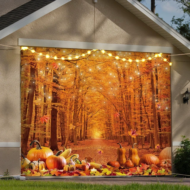 Alt view image 7 of 7 - Fall Garage Door Cover with String Lights Thanksgiving Banner 7x8 ft Fall Maple Leaves Design, Large Autumn Holiday Backdrop, Indoor Outdoor Wall Decor, Easy to Install with Grommets