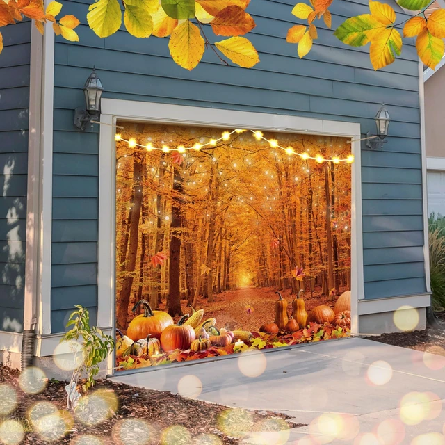 Alt view image 6 of 7 - Fall Garage Door Cover with String Lights Thanksgiving Banner 7x8 ft Fall Maple Leaves Design, Large Autumn Holiday Backdrop, Indoor Outdoor Wall Decor, Easy to Install with Grommets