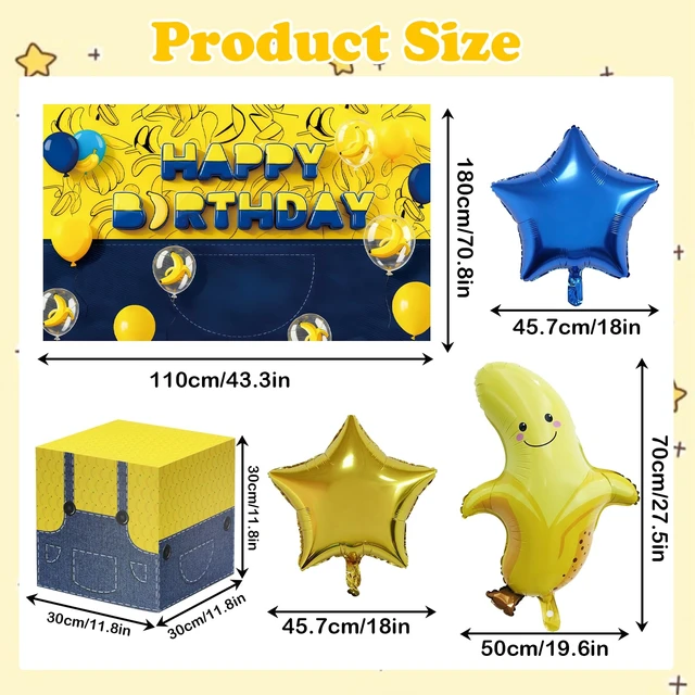 Alt view image 2 of 7 - 17 Pcs Cartoon Yellow Birthday Decor with Backdrop Boxes, Banana Balloons Yellow Jeans Cartoon Happy Birthday Party Supplies for Cartoon Birthday Party Supplies Photo Booth Props