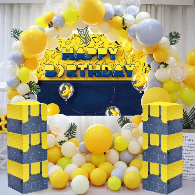 Alt view image 4 of 7 - 17 Pcs Cartoon Yellow Birthday Decor with Backdrop Boxes, Banana Balloons Yellow Jeans Cartoon Happy Birthday Party Supplies for Cartoon Birthday Party Supplies Photo Booth Props