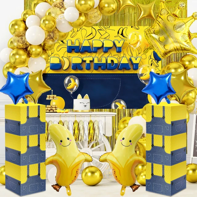 Alt view image 5 of 7 - 17 Pcs Cartoon Yellow Birthday Decor with Backdrop Boxes, Banana Balloons Yellow Jeans Cartoon Happy Birthday Party Supplies for Cartoon Birthday Party Supplies Photo Booth Props