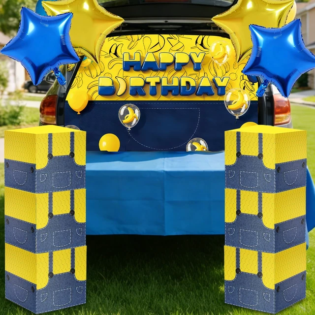 Alt view image 6 of 7 - 17 Pcs Cartoon Yellow Birthday Decor with Backdrop Boxes, Banana Balloons Yellow Jeans Cartoon Happy Birthday Party Supplies for Cartoon Birthday Party Supplies Photo Booth Props