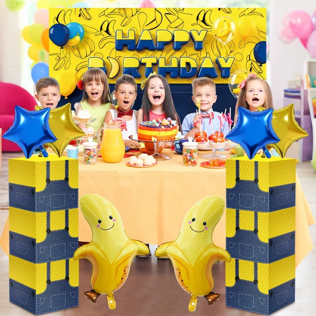 Alt view image 7 of 7 - 17 Pcs Cartoon Yellow Birthday Decor with Backdrop Boxes, Banana Balloons Yellow Jeans Cartoon Happy Birthday Party Supplies for Cartoon Birthday Party Supplies Photo Booth Props