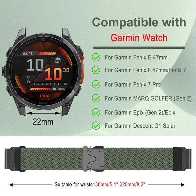 Alt view image 4 of 7 - 22mm QuickFit Nylon Band for Garmin Fenix 8 Pro 47mm/Quatix 8 47mm Stretchy Braided Nylon Strap Sport Strap Band for Garmin Quatix 7 Pro/Quatix 6/Descent G2 - Green