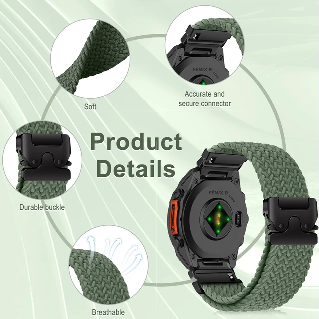 Alt view image 3 of 7 - 22mm QuickFit Nylon Band for Garmin Fenix 8 Pro 47mm/Quatix 8 47mm Stretchy Braided Nylon Strap Sport Strap Band for Garmin Quatix 7 Pro/Quatix 6/Descent G2 - Green
