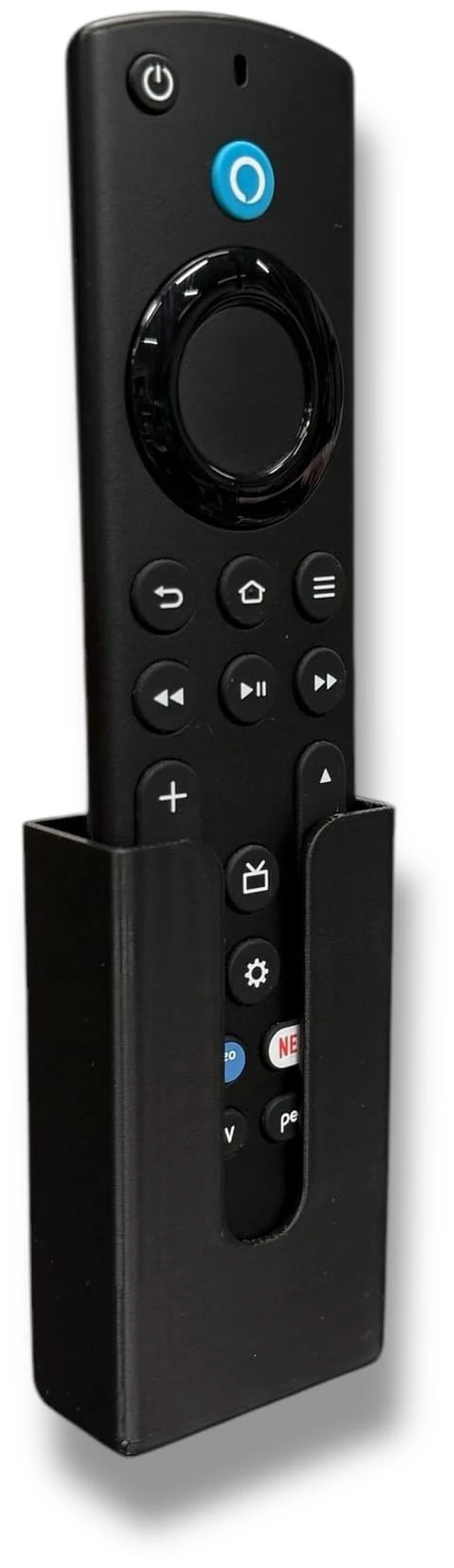 Main image of Compatible Wall Remote Holder for Fire Tv Stick Remote Short Compact Mount Version. Black in Color with Hardware and Adhesive Strip & Screws. (3D Printed in Florida, USA)