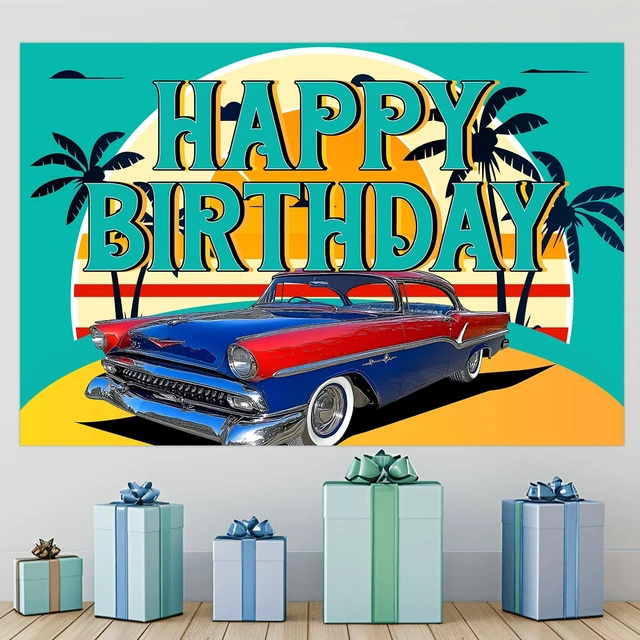 Alt view image 2 of 5 - Classic Car Birthday Backdrop for Boys Men Birthday Party Supplies 5x3ft Vintage Car Party Decorations Retro Car Beach Background Banner Nostalgia Convertible 90s Cars Photography Background