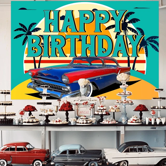 Alt view image 3 of 5 - Classic Car Birthday Backdrop for Boys Men Birthday Party Supplies 5x3ft Vintage Car Party Decorations Retro Car Beach Background Banner Nostalgia Convertible 90s Cars Photography Background