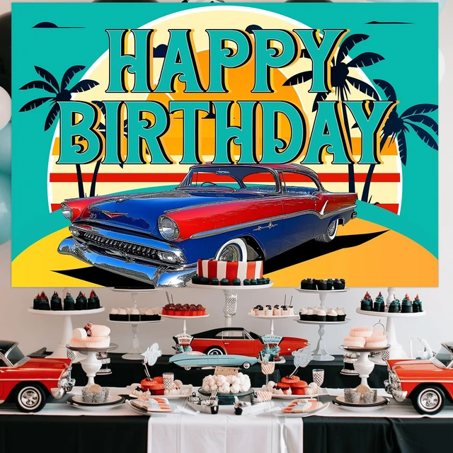 Alt view image 4 of 5 - Classic Car Birthday Backdrop for Boys Men Birthday Party Supplies 5x3ft Vintage Car Party Decorations Retro Car Beach Background Banner Nostalgia Convertible 90s Cars Photography Background