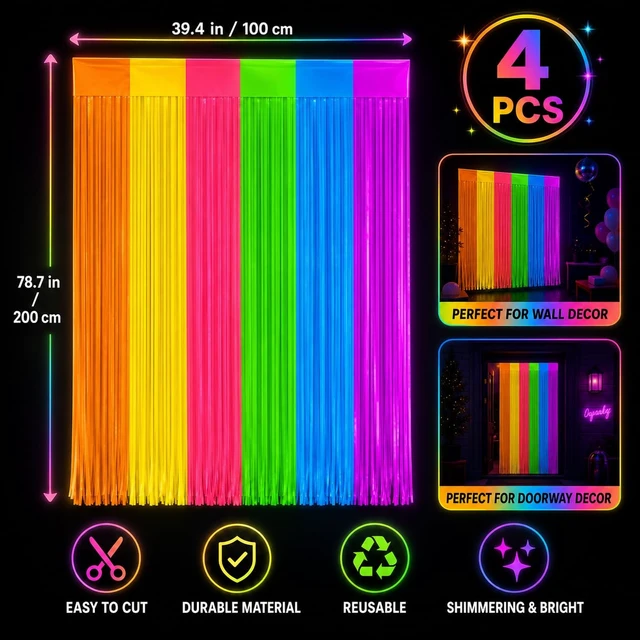 Alt view image 2 of 7 - 4 Pack Glow in The Dark Curtains Party Supplies 6.6 x 3.3 Ft Glow Tinsel Foil Fringe Curtains Colorful Patchwork Streamer Backdrop for Birthday Neon Party Halloween Decor