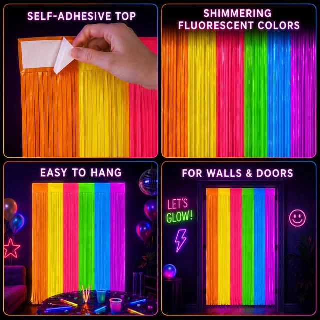 Alt view image 3 of 7 - 4 Pack Glow in The Dark Curtains Party Supplies 6.6 x 3.3 Ft Glow Tinsel Foil Fringe Curtains Colorful Patchwork Streamer Backdrop for Birthday Neon Party Halloween Decor