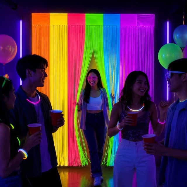 Alt view image 4 of 7 - 4 Pack Glow in The Dark Curtains Party Supplies 6.6 x 3.3 Ft Glow Tinsel Foil Fringe Curtains Colorful Patchwork Streamer Backdrop for Birthday Neon Party Halloween Decor