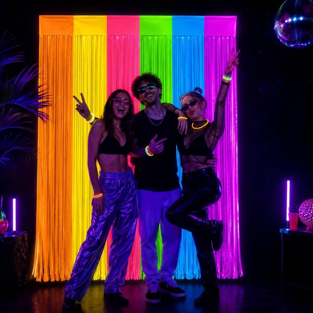 Alt view image 5 of 7 - 4 Pack Glow in The Dark Curtains Party Supplies 6.6 x 3.3 Ft Glow Tinsel Foil Fringe Curtains Colorful Patchwork Streamer Backdrop for Birthday Neon Party Halloween Decor