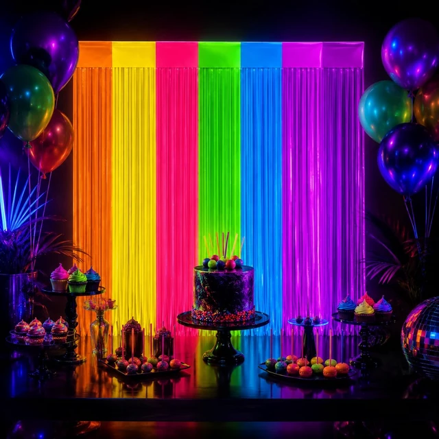 Alt view image 6 of 7 - 4 Pack Glow in The Dark Curtains Party Supplies 6.6 x 3.3 Ft Glow Tinsel Foil Fringe Curtains Colorful Patchwork Streamer Backdrop for Birthday Neon Party Halloween Decor