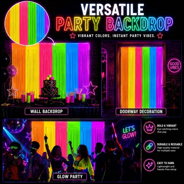 Alt view image 7 of 7 - 4 Pack Glow in The Dark Curtains Party Supplies 6.6 x 3.3 Ft Glow Tinsel Foil Fringe Curtains Colorful Patchwork Streamer Backdrop for Birthday Neon Party Halloween Decor