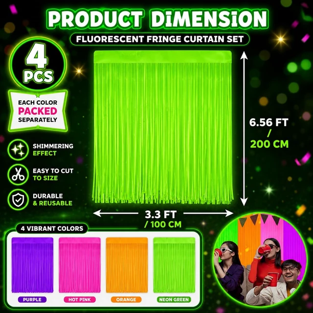 Alt view image 2 of 6 - 4 Pack Glow in The Dark Curtains Party Supplies 6.6 x 3.3 Ft Glow Tinsel Foil Fringe Curtains Colorful Patchwork Streamer Backdrop for Birthday Neon Party Halloween Decor (4, Green/Orange/Pink/Purple)