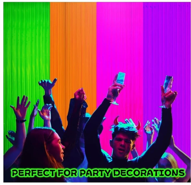 Alt view image 4 of 6 - 4 Pack Glow in The Dark Curtains Party Supplies 6.6 x 3.3 Ft Glow Tinsel Foil Fringe Curtains Colorful Patchwork Streamer Backdrop for Birthday Neon Party Halloween Decor (4, Green/Orange/Pink/Purple)