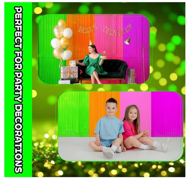 Alt view image 5 of 6 - 4 Pack Glow in The Dark Curtains Party Supplies 6.6 x 3.3 Ft Glow Tinsel Foil Fringe Curtains Colorful Patchwork Streamer Backdrop for Birthday Neon Party Halloween Decor (4, Green/Orange/Pink/Purple)