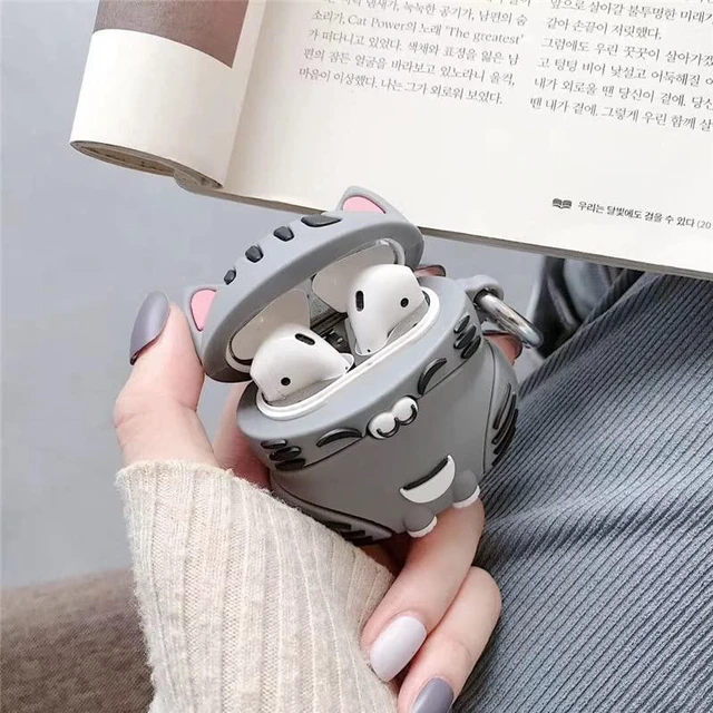 Alt view image 3 of 6 - for AirPods 1/2 Case, Cute 3D Ginger Cat Silicone Shockproof Cover with Carabiner Compatible with AirPods 1/2 Gen (Gray)
