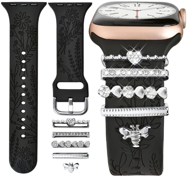 Main image of Watch Band Charms (Band Included), Compatible with Apple Watch Band 38mm 40mm 41mm 42mm(S10), Floral Engraved Silicone Straps Accessories for iWatch Bands Ultra 3 2 1 Series se 11 10 9 8 7 6 5 4 3 2 1