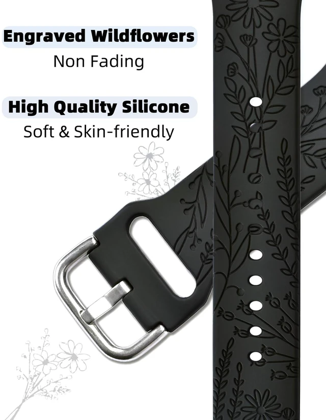 Alt view image 4 of 7 - Watch Band Charms (Band Included), Compatible with Apple Watch Band 38mm 40mm 41mm 42mm(S10), Floral Engraved Silicone Straps Accessories for iWatch Bands Ultra 3 2 1 Series se 11 10 9 8 7 6 5 4 3 2 1