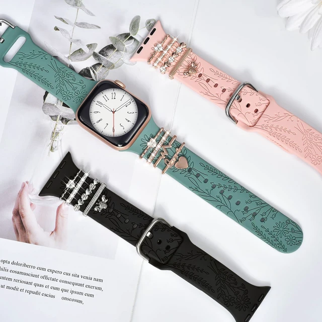 Alt view image 5 of 7 - Watch Band Charms (Band Included), Compatible with Apple Watch Band 38mm 40mm 41mm 42mm(S10), Floral Engraved Silicone Straps Accessories for iWatch Bands Ultra 3 2 1 Series se 11 10 9 8 7 6 5 4 3 2 1