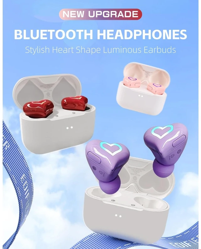 Alt view image 2 of 7 - Heart Shaped Earbuds, Cute Stylish HiFi Stereo Bluetooth Headphones with Charging Case and Color Gradient Light, Noise Canceling Cordless Earphone, Gifts for Girls (Rose)