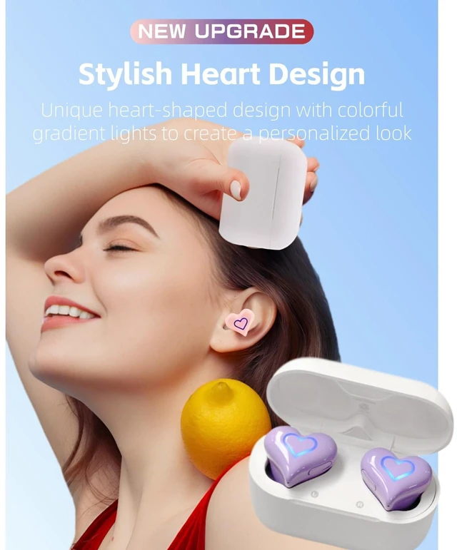 Alt view image 4 of 7 - Heart Shaped Earbuds, Cute Stylish HiFi Stereo Bluetooth Headphones with Charging Case and Color Gradient Light, Noise Canceling Cordless Earphone, Gifts for Girls (Rose)