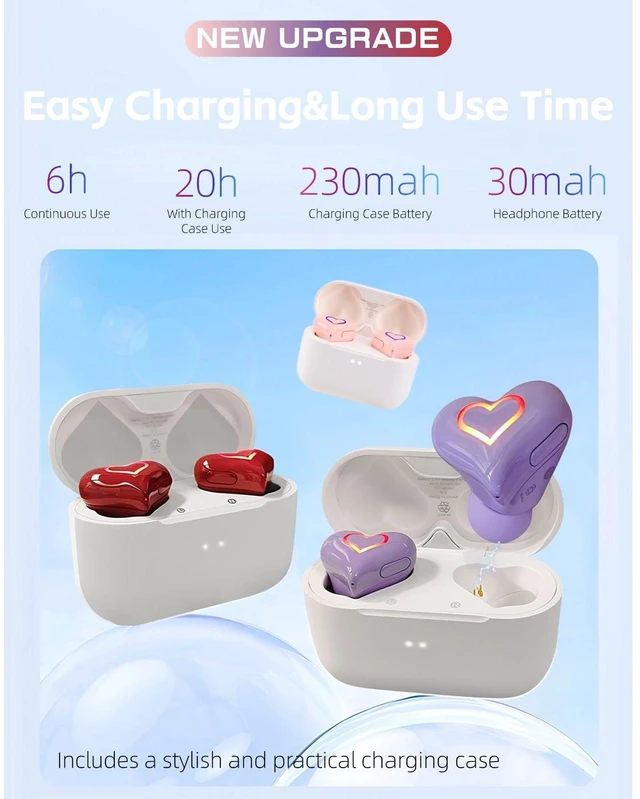 Alt view image 5 of 7 - Heart Shaped Earbuds, Cute Stylish HiFi Stereo Bluetooth Headphones with Charging Case and Color Gradient Light, Noise Canceling Cordless Earphone, Gifts for Girls (Rose)
