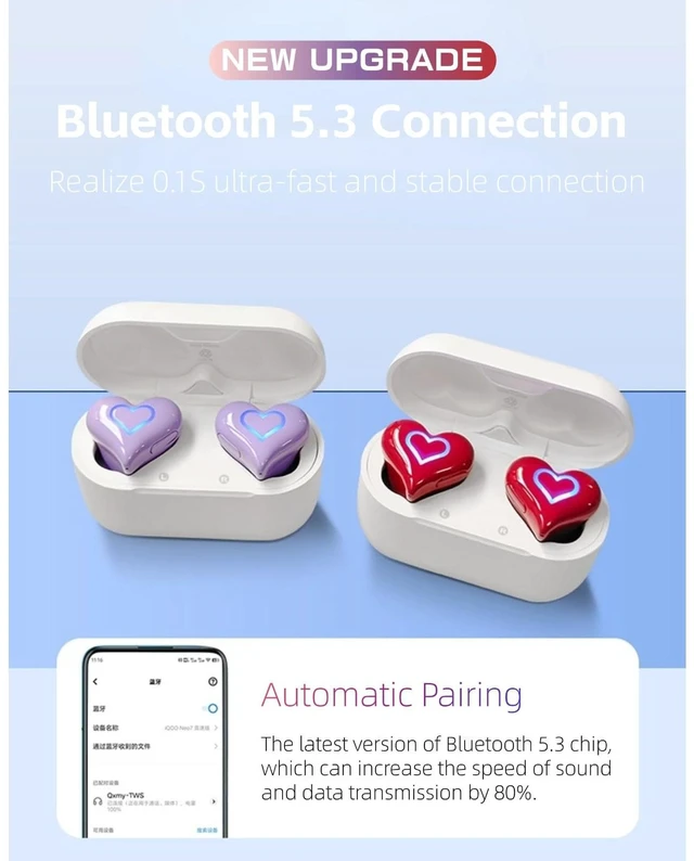 Alt view image 6 of 7 - Heart Shaped Earbuds, Cute Stylish HiFi Stereo Bluetooth Headphones with Charging Case and Color Gradient Light, Noise Canceling Cordless Earphone, Gifts for Girls (Rose)
