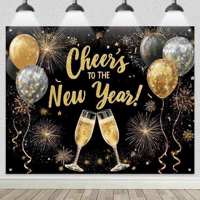 Main image of Cheers to The Chinese New Year Backdrop 8x6ft Gold Black Champagne Photography Background Glitter Balloons Fireworks Banner for Lunar New Year Eve Party Holiday Celebration Decoration