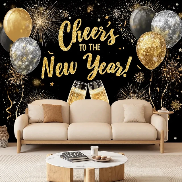 Alt view image 2 of 6 - Cheers to The Chinese New Year Backdrop 8x6ft Gold Black Champagne Photography Background Glitter Balloons Fireworks Banner for Lunar New Year Eve Party Holiday Celebration Decoration