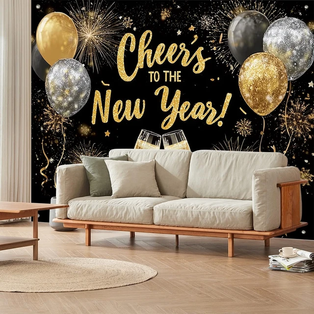 Alt view image 3 of 6 - Cheers to The Chinese New Year Backdrop 8x6ft Gold Black Champagne Photography Background Glitter Balloons Fireworks Banner for Lunar New Year Eve Party Holiday Celebration Decoration