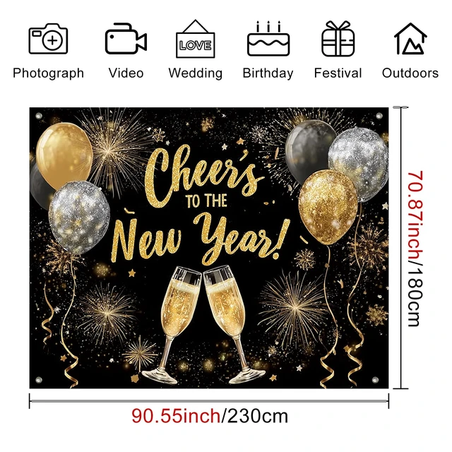 Alt view image 5 of 6 - Cheers to The Chinese New Year Backdrop 8x6ft Gold Black Champagne Photography Background Glitter Balloons Fireworks Banner for Lunar New Year Eve Party Holiday Celebration Decoration