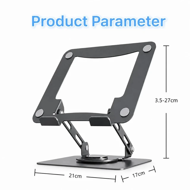 Alt view image 3 of 6 - Adjustable Laptop Stand for Desk, Foldable Aluminum Laptop Riser with 360° Rotating Base, Ergonomic Ventilated Computer Stand, Height Adjustable Holder Compatible with MacBook, Dell, HP, Lenovo
