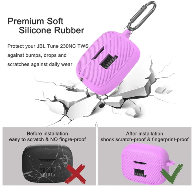 Alt view image 4 of 6 - Compatible for JBL Tune 230NC TWS Case, Soft Silicone Protective Scratch Resistance Skin Case for JBL Tune 230NC with Anti-Lost Keychain and Carabiner (Purple)