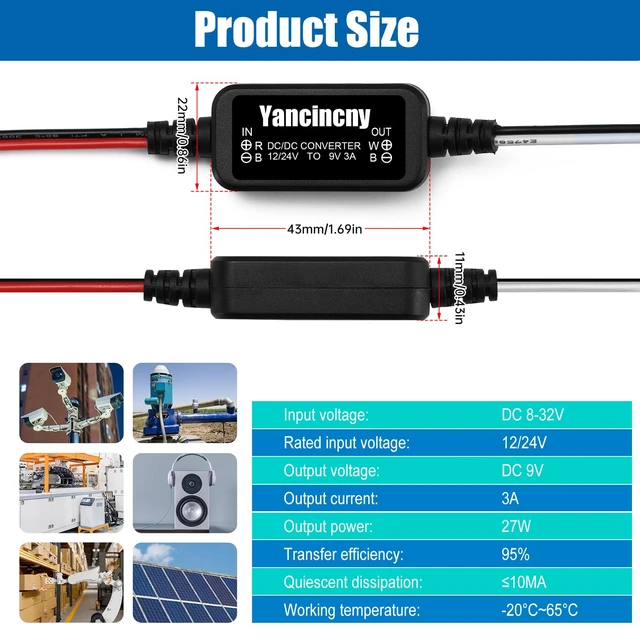 Alt view image 7 of 7 - DC 12V 24V Step Down to 9V 3A 27W, DC 11-32V to 9VVoltage Converter Power Supply Adapter Buck Converter Regulator Reducer Voltage Transformer with Fuse for Golf Cart