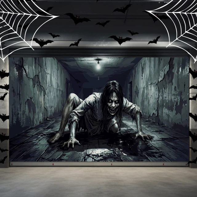 Main image of 6 x 13 ft Halloween Garage Door Cover Decoration Scary Female Ghost Bloody Eyes Garage Door Covers Large Scary Backdrop Decorations for Halloween Outdoor Holiday Party Decor
