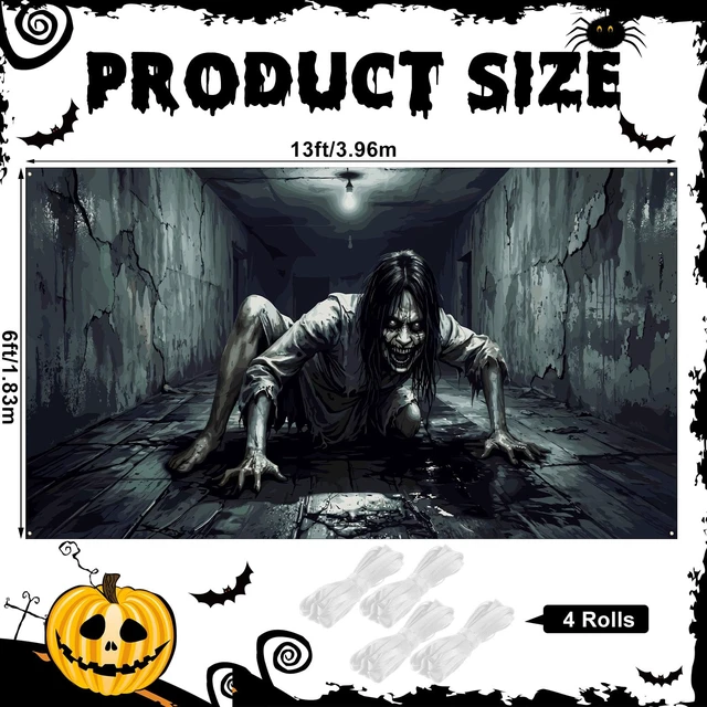 Alt view image 2 of 7 - 6 x 13 ft Halloween Garage Door Cover Decoration Scary Female Ghost Bloody Eyes Garage Door Covers Large Scary Backdrop Decorations for Halloween Outdoor Holiday Party Decor